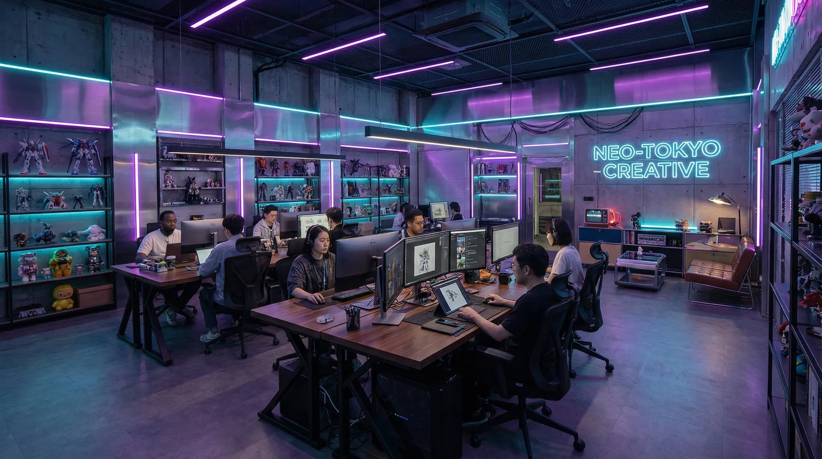 麻豆视频团队在赛博朋克风格创意办公室中工作