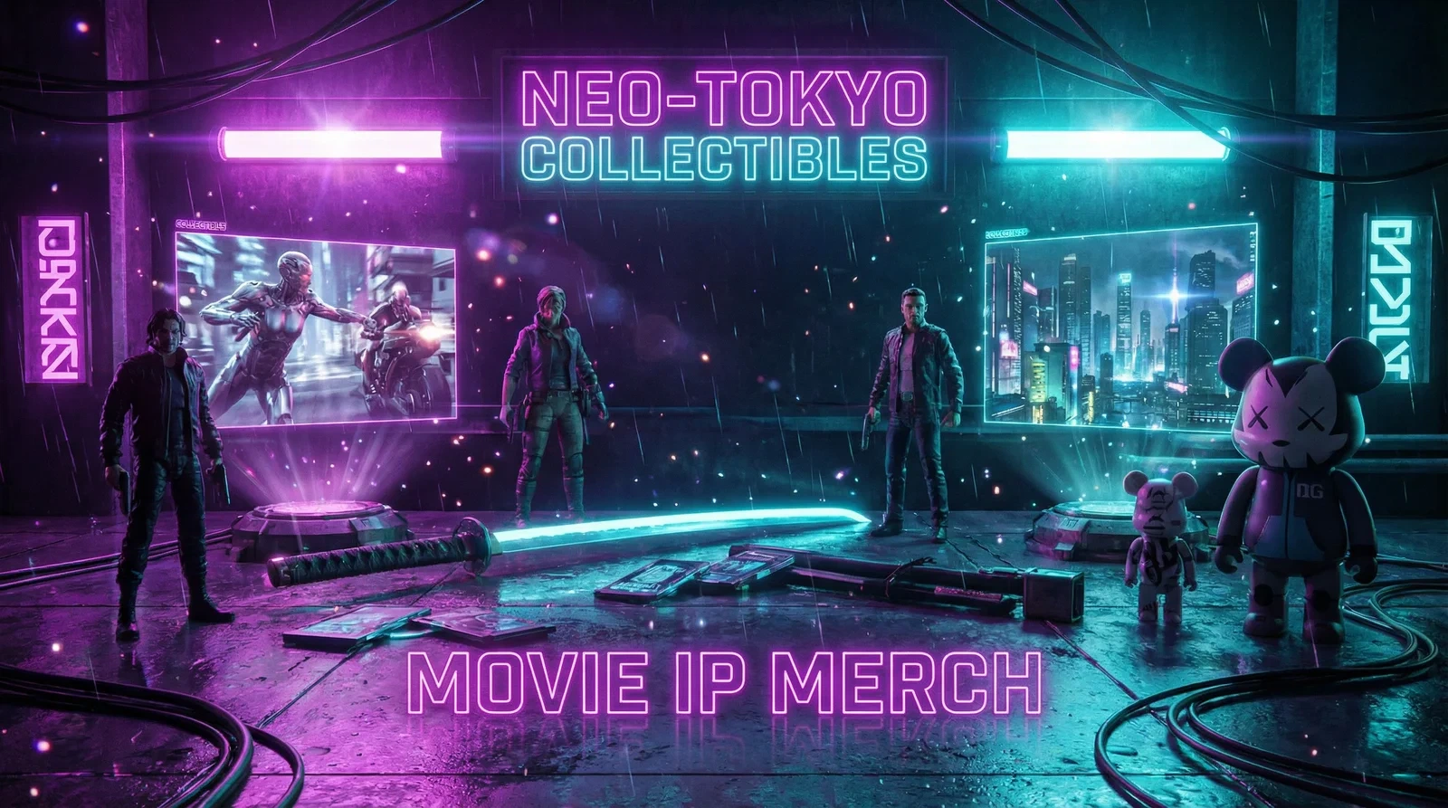 麻豆视频赛博朋克风格影视IP衍生品展示横幅